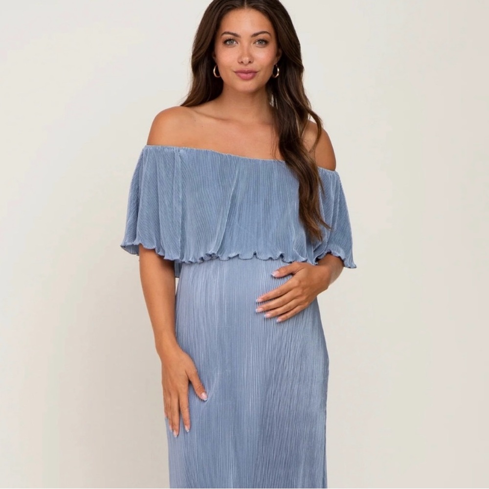 Off Shoulder Blue Maternity Maxi Dress
